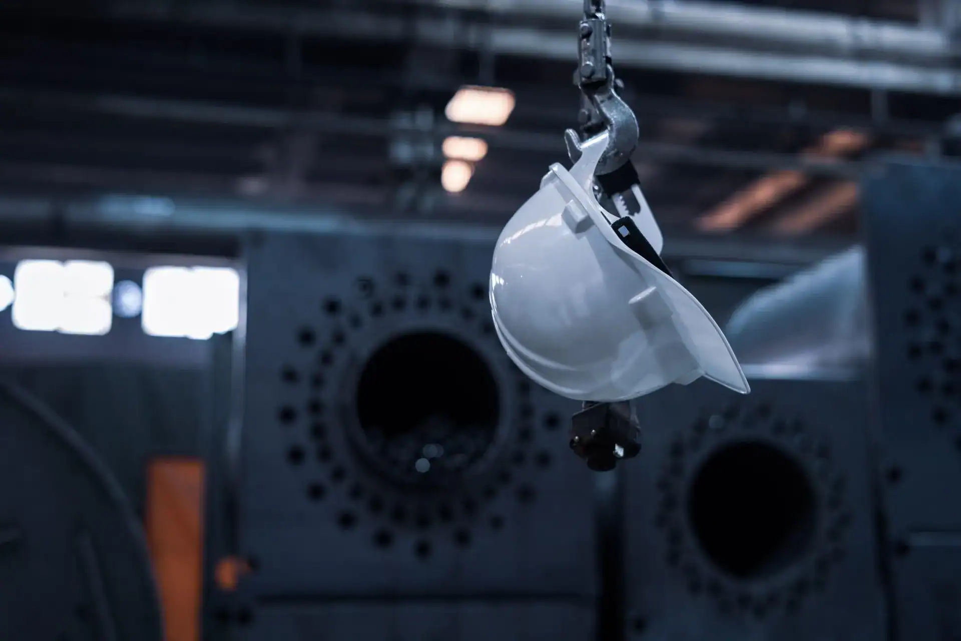 A safety helmet in an industrial workshop