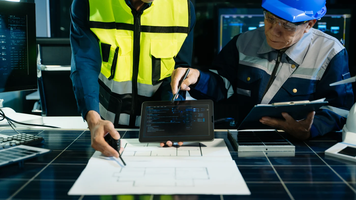 Two people reviewing drawings and a tablet at a desk, planning control measures.